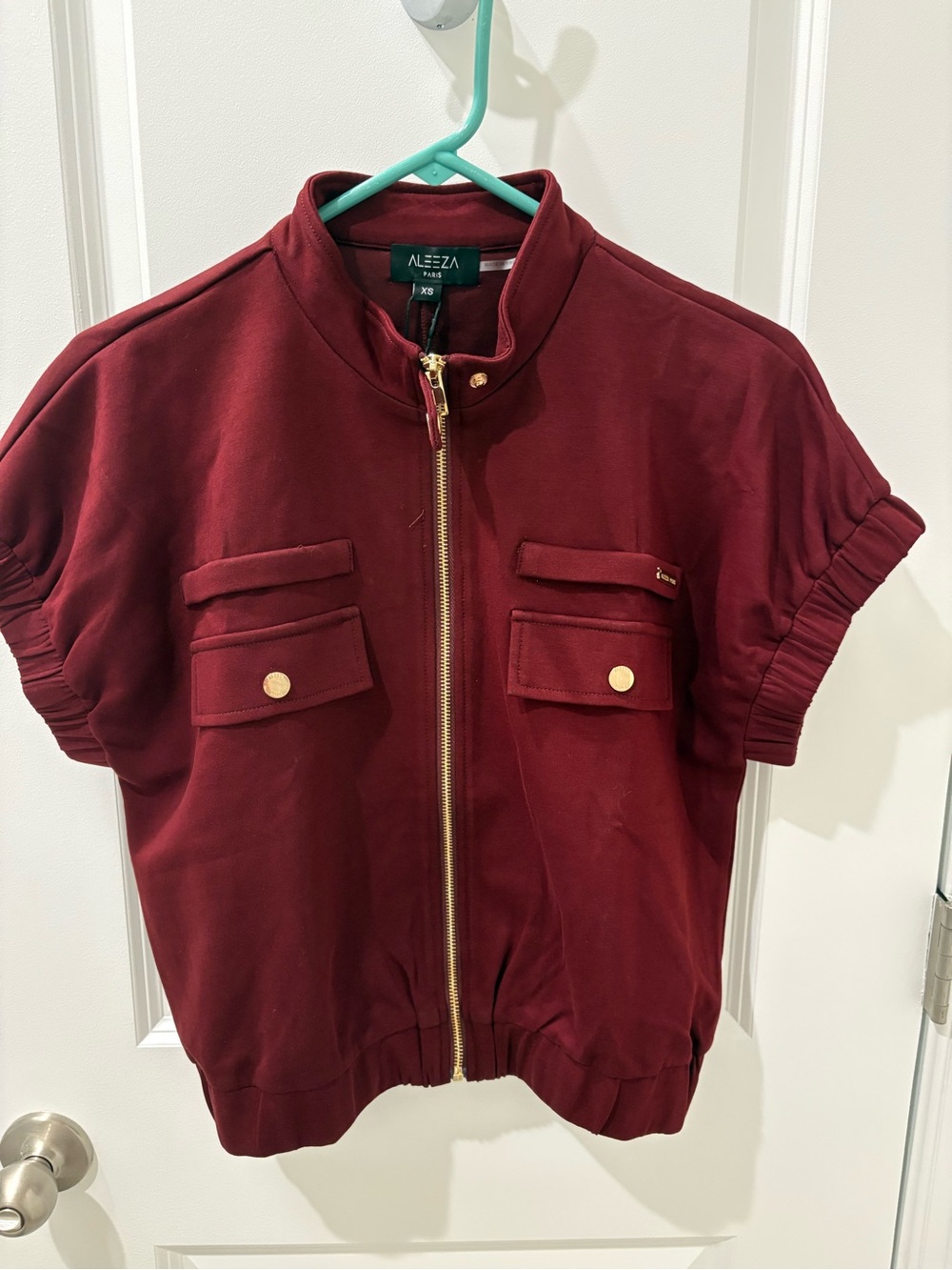 New Aleeza Soleil burgundy Short-Sleeve Zip Bomber Jacket XS/S